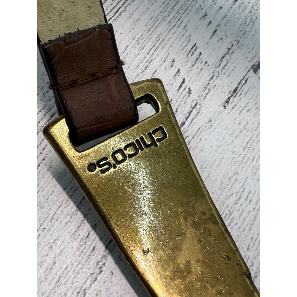 Chico's Hammered Brass Brown Leather Adjustable Belt Artsy Boho Small Medium - Picture 7 of 14
